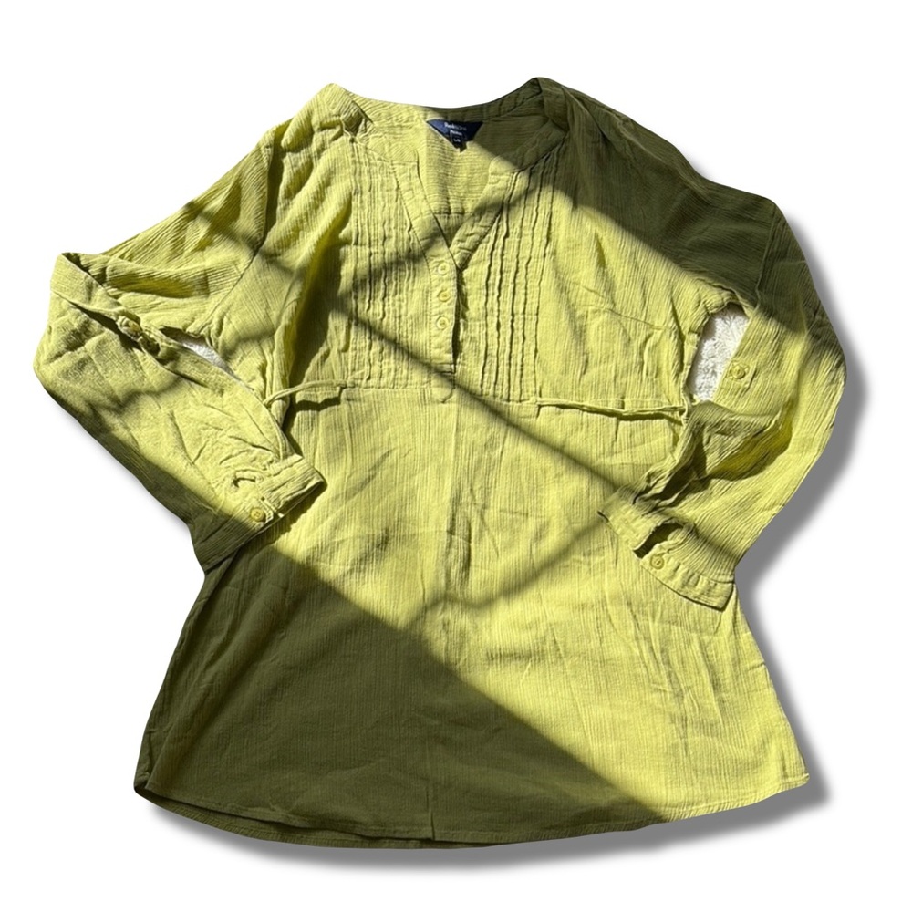 Reitmans Chartreuse Tunic Size Large Petite | Boho Style | Pin-Tuck Blouse | - Picture 2 of 8